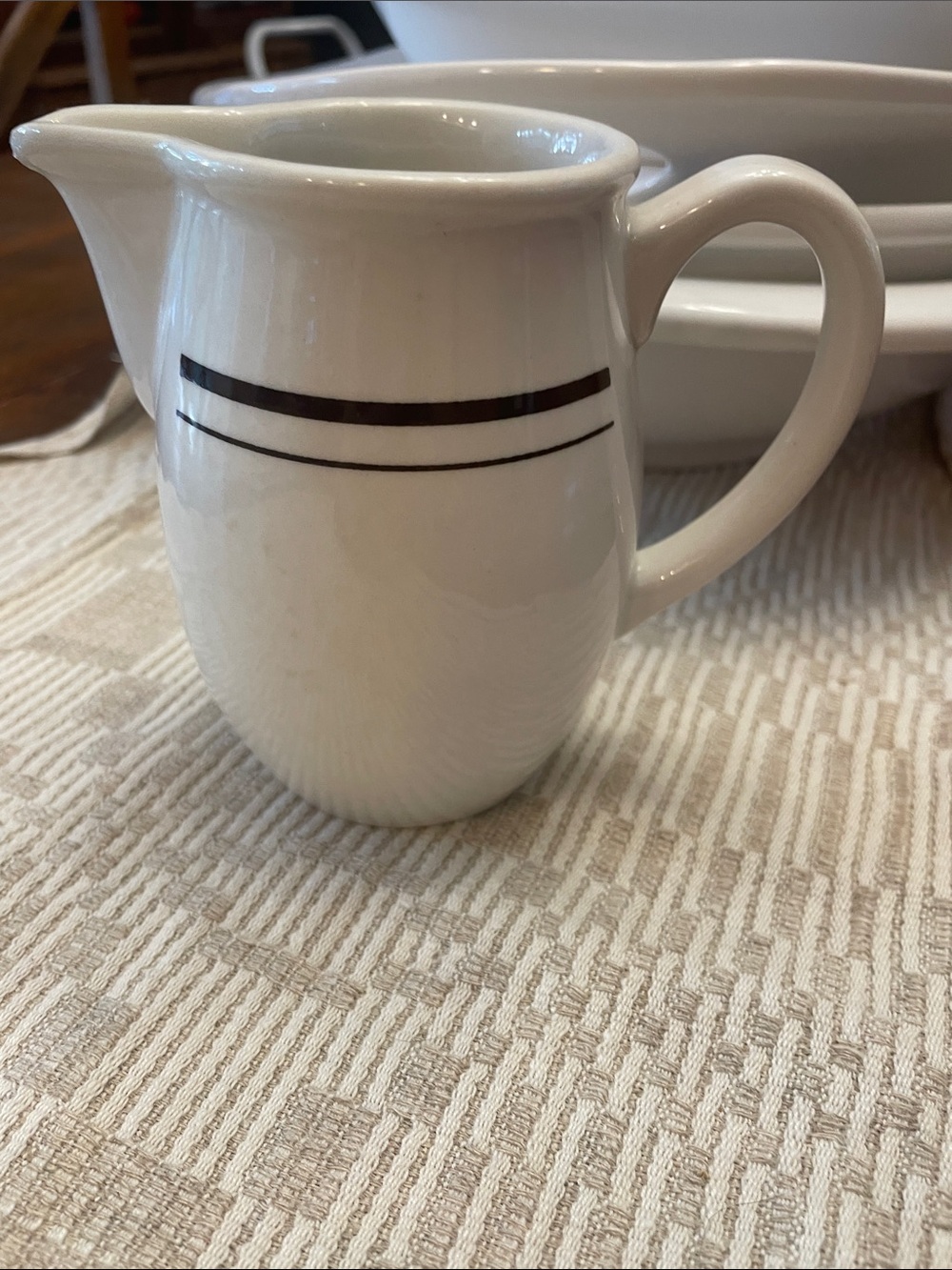 Classic White Ceramic Creamer with Black Stripe Accent